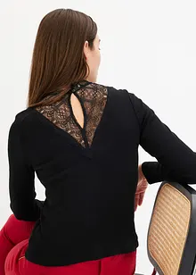 Maglia a costine con scollo decorato in pizzo, bonprix