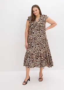 Abito midi con volant in crêpe operato, bonprix