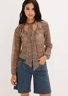 Blusa in mesh con volant e fiocco, bonprix