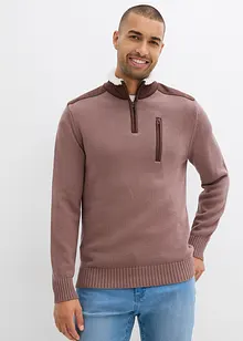 Maglione con mezza zip e inserto in tessuto, bonprix