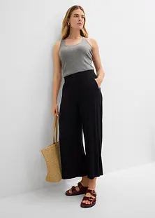 SCUSTY Pantaloni Lino Donna Culottes A Gamba Larga, Vita Alta Con Tasca, Capri Palazzo Boho, Blu Scuro Taglia L