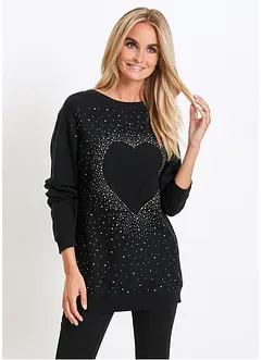 Pullover lungo con cuore e strass, bonprix