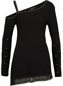 Maglia con cut-out, pizzo e perle, bonprix