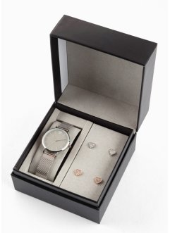 Orologio e orecchini in acciaio con cristalli (set 5 pezzi), bpc bonprix collection