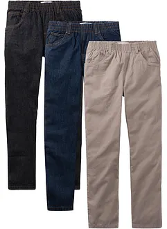 Pantaloni regular fit con elastico in vita in puro cotone, straight (pacco da 3), bonprix