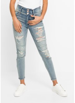 Jeans skinny a vita alta con zone sdrucite, RAINBOW