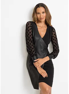Abito in similpelle con inserto in jersey e maniche in pizzo a pois, bonprix