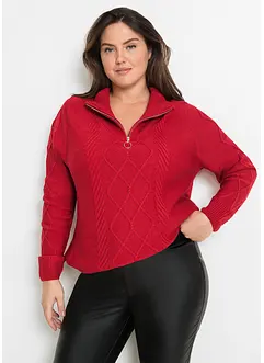 Maglione con zip, colletto e motivo a treccia, bonprix