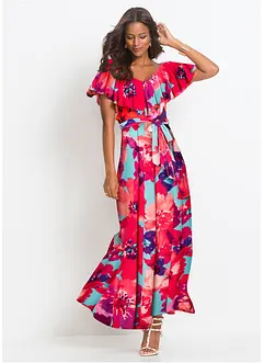 Abito lungo con volant e cintura, bonprix