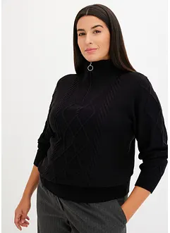 Maglione con zip, colletto e motivo a treccia, bonprix