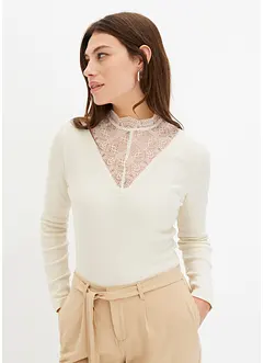Maglia a costine con scollo decorato in pizzo, bonprix