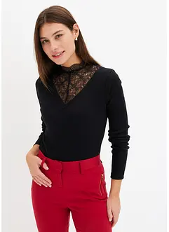Maglia a costine con scollo decorato in pizzo, bonprix