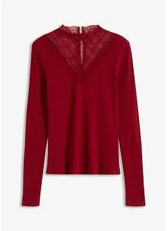 Maglia a costine con scollo decorato in pizzo, bonprix