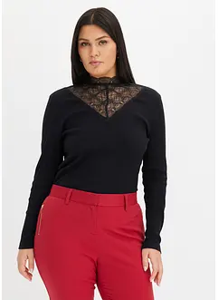 Maglia a costine con scollo decorato in pizzo, bonprix