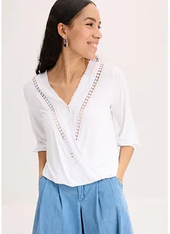 Maglia effetto a portafoglio con maniche a 3/4 e pizzo, bonprix
