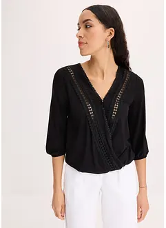 Maglia effetto a portafoglio con maniche a 3/4 e pizzo, bonprix