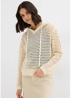Maglione a punto ajour con cappuccio, bonprix