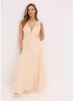 Abito lungo in tulle con fiori applicati, bonprix