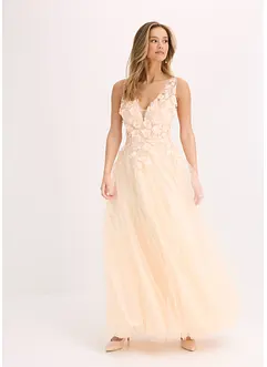 Abito lungo in tulle con fiori applicati, bonprix