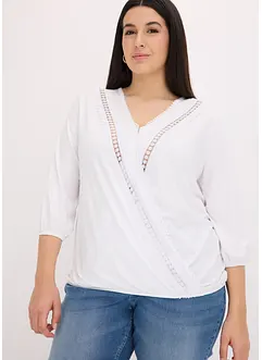 Maglia effetto a portafoglio con maniche a 3/4 e pizzo, bonprix