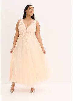 Abito lungo in tulle con fiori applicati, bonprix