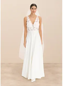Abito da sposa in satin lucido con applicazione floreale, bonprix