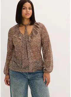 Blusa in mesh con volant e fiocco, bonprix