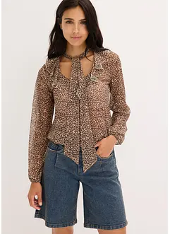 Blusa in mesh con volant e fiocco, bonprix