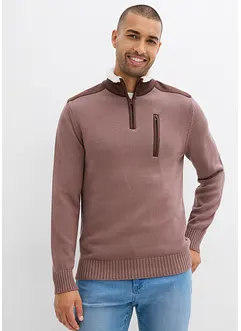 Maglione con mezza zip e inserto in tessuto, bonprix