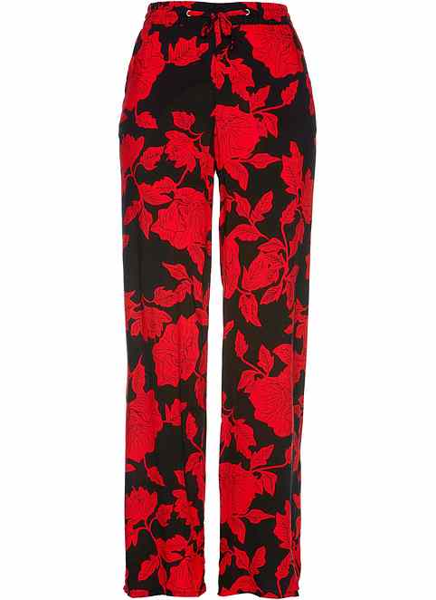 Pantaloni eleganti con cintura da annodare - Nero / fragola fantasia
