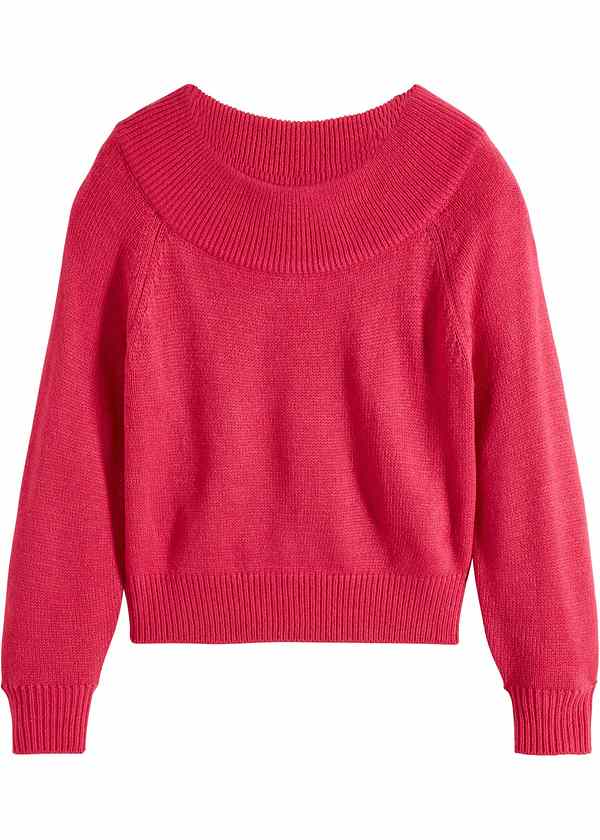 Moderno e femminile: maglione con spalle scoperte e bordi a costine - Rosso  magenta