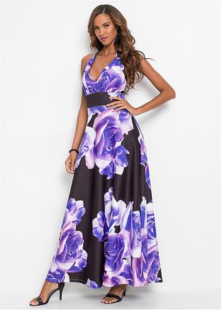 Abito lungo con fantasia elegante - Viola / nero a fiori, T.C.