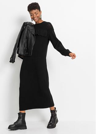 Abito lungo in maglia con ruches - Nero