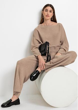 Pantaloni classici con elastico in vita con cinta a costine e coulisse -  Beige melange