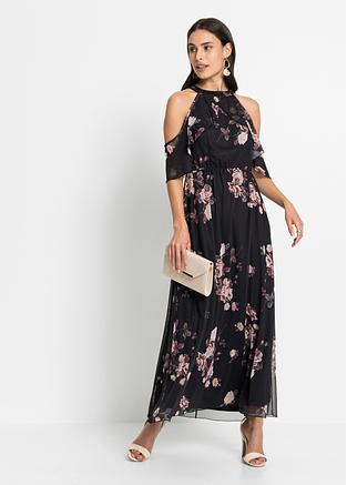Abito lungo moderno con cut-out alle spalle - Nero a fiori, T.C.