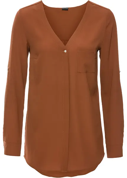 Camicetta in cotone bianco: camicia abbottonata con collo alto e dettagli a contrasto blu. Camicia abbottonata da donna, camicia elegante da donna, camicetta da ufficio - Italia