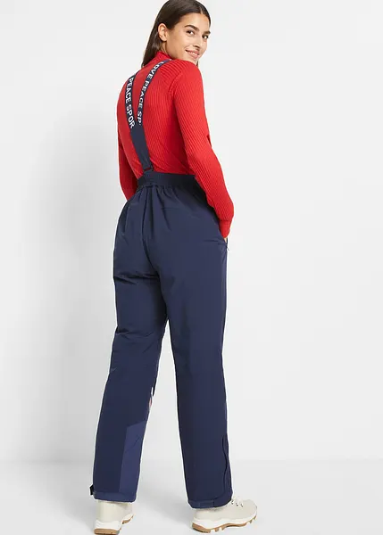 Pantaloni invernali caldi impermeabili e antivento con bretelle e paraneve, straight fit - blu scuro