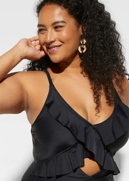 Costume intero trendy con bel volant e cut-out. - Nero