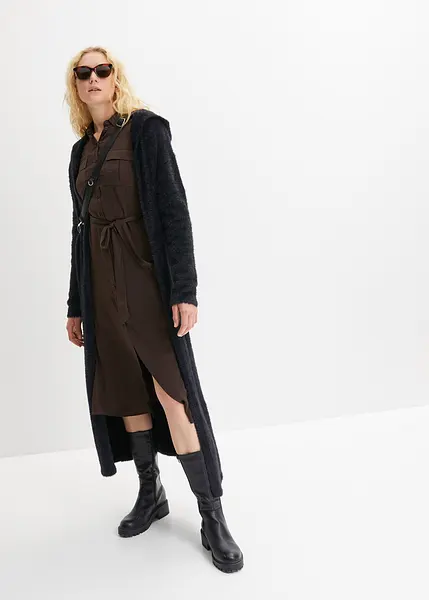 Cardigan Donna Lungo Con Cappuccio - In Maglia Cotone Misto, Vento Termica, Elegante, Per Autunno/inverno