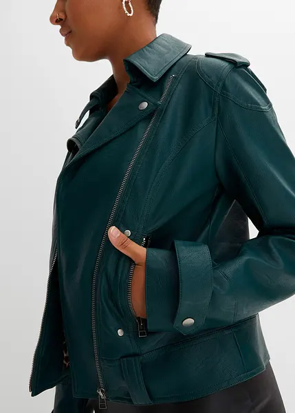 Giacca in similpelle con fodera leopardata Verde scuro