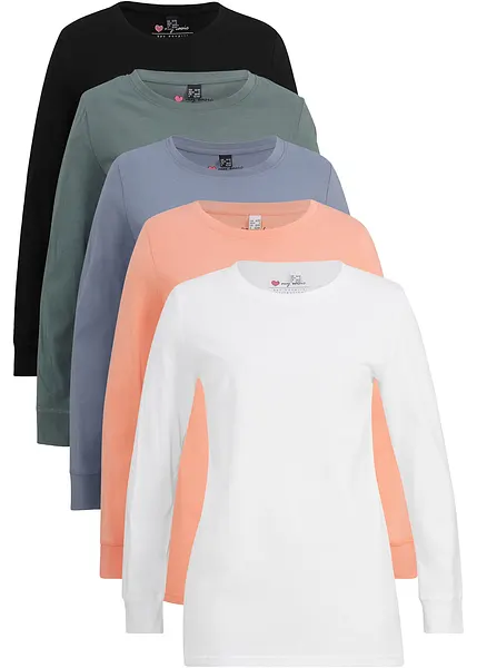 Maglia basic in cotone a maniche lunghe, con polsini a contrasto, in  confezione da