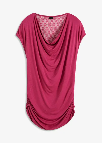 Maglia femminile con scollatura a cascata davanti e pizzo dietro nella parte alta