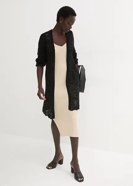 Cardigan lungo molto femminile con lavorazione traforata Nero
