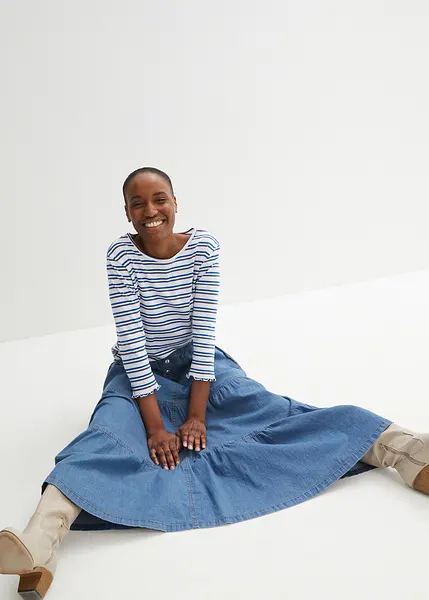 Gonna di jeans moderna con balze Blu denim used