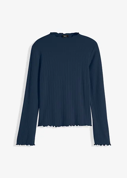 Maglia a maniche lunghe da donna a coste, con colletto alto, slim fit, tinta unita, basic, b, Taglia unica