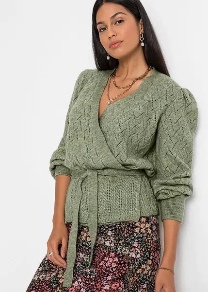 Incantevole maglione a portafoglio con cintura da annodare e maniche a 