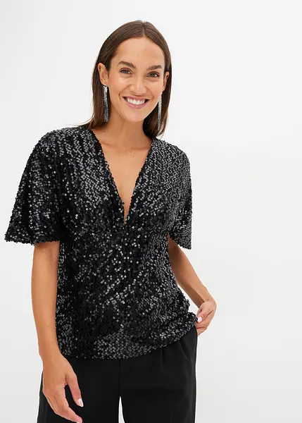GRACE KARIN Maglia Donna Con Paillettes Brillantinate, Maniche Corte A Balza, Scollo Rotondo, Nero, Taglia M