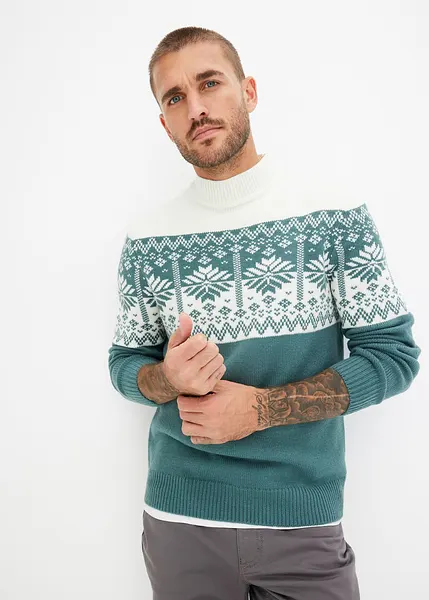 Maglione Uomo Invernale Con Motivo Norvegese - Collo Alto Con Cerniera E Toppe Gomiti In Pelle - Per Natale E Tempo Libero