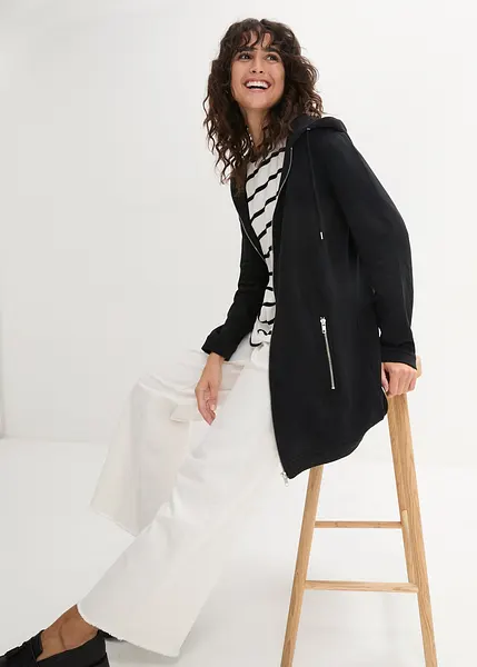 Comoda felpa lunga con zip, cappuccio e tasche Nero