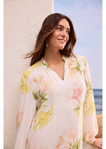 OKSakady Abito Lungo Estivo Kaftano Donna – Tunica A Maniche 3/4 Con Stampa Floreale, Morbido In Cotone Artificiale – Maxi Abito Da Spiaggia E Tempo Libero, Taglia Unica
